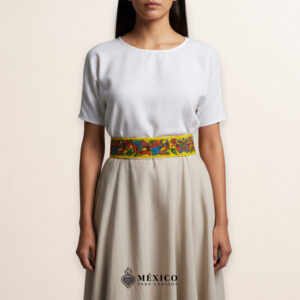 Yellow embroidered Mexican waist belt featuring a floral and butterfly design