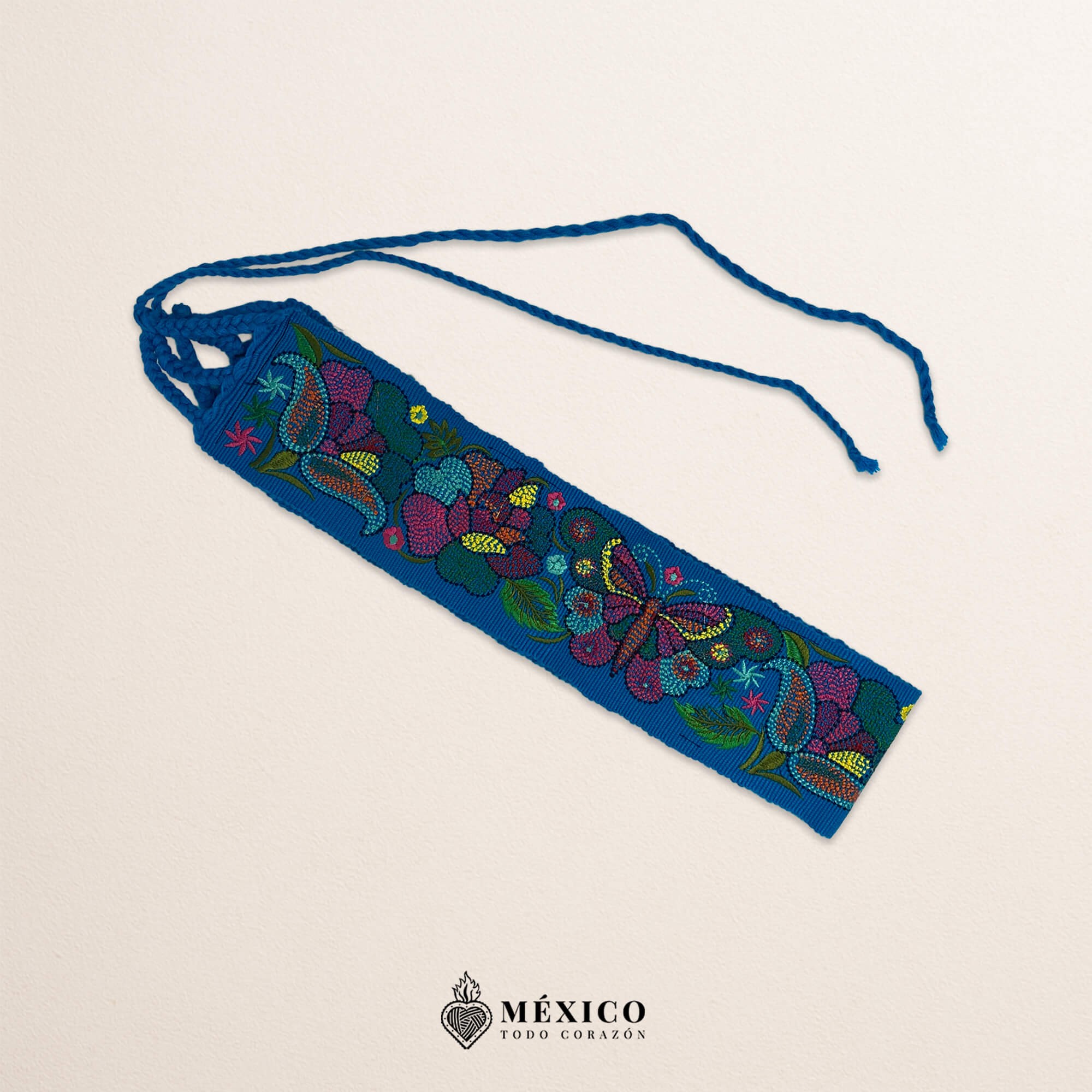Light Blue embroidered Mexican waist belt featuring a floral and butterfly design