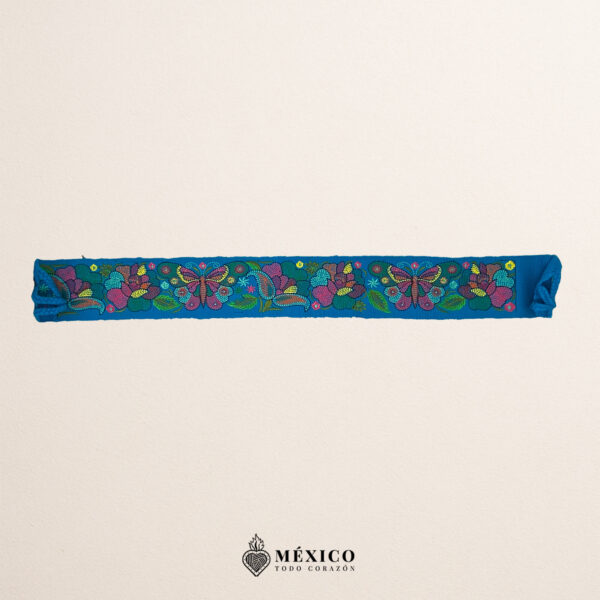 Light Blue embroidered Mexican waist belt featuring a floral and butterfly design