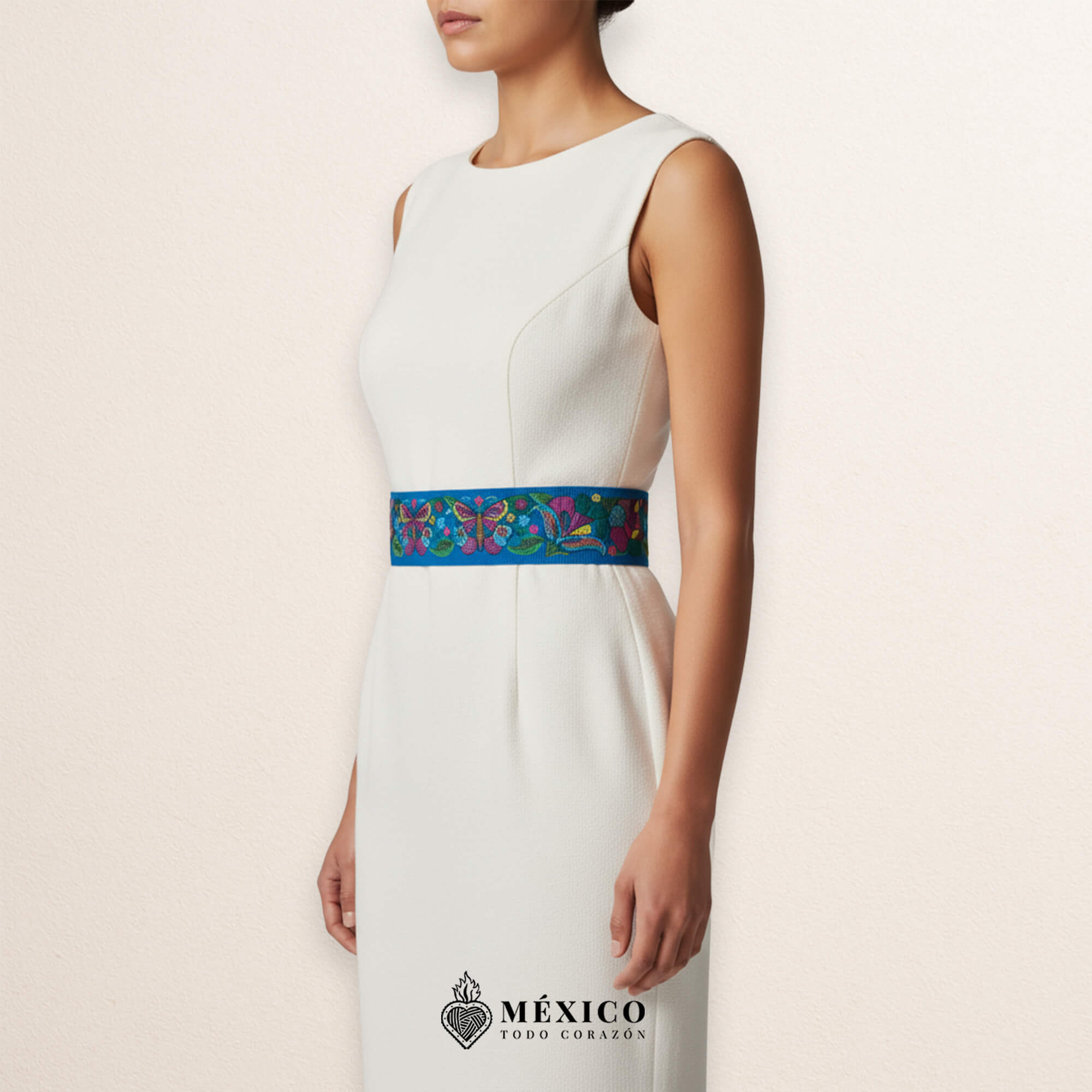 Light Blue embroidered Mexican waist belt featuring a floral and butterfly design