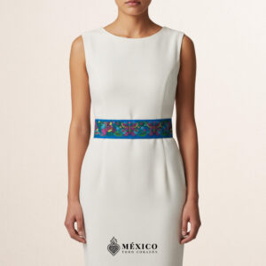 Light Blue embroidered Mexican waist belt featuring a floral and butterfly design
