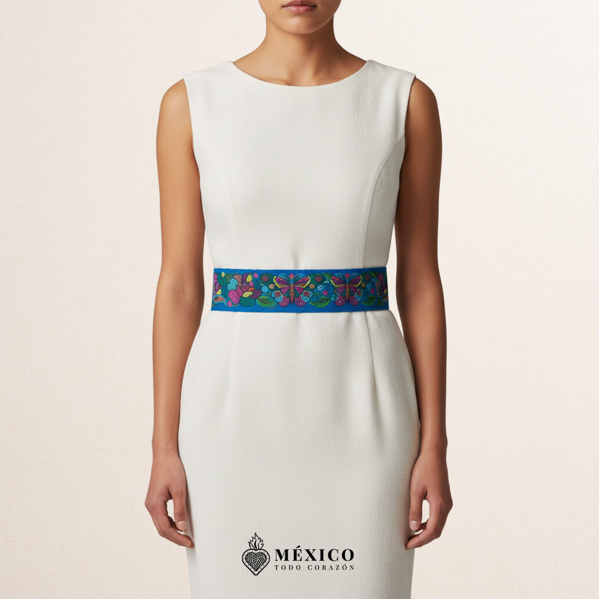 Light Blue embroidered Mexican waist belt featuring a floral and butterfly design