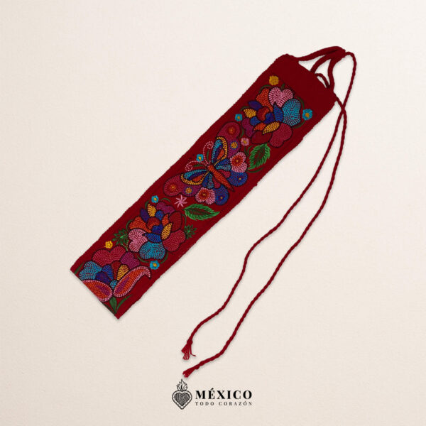Red embroidered Mexican waist belt featuring a floral and butterfly design