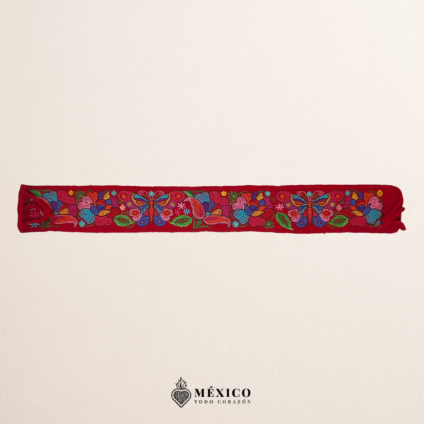 Red embroidered Mexican waist belt featuring a floral and butterfly design