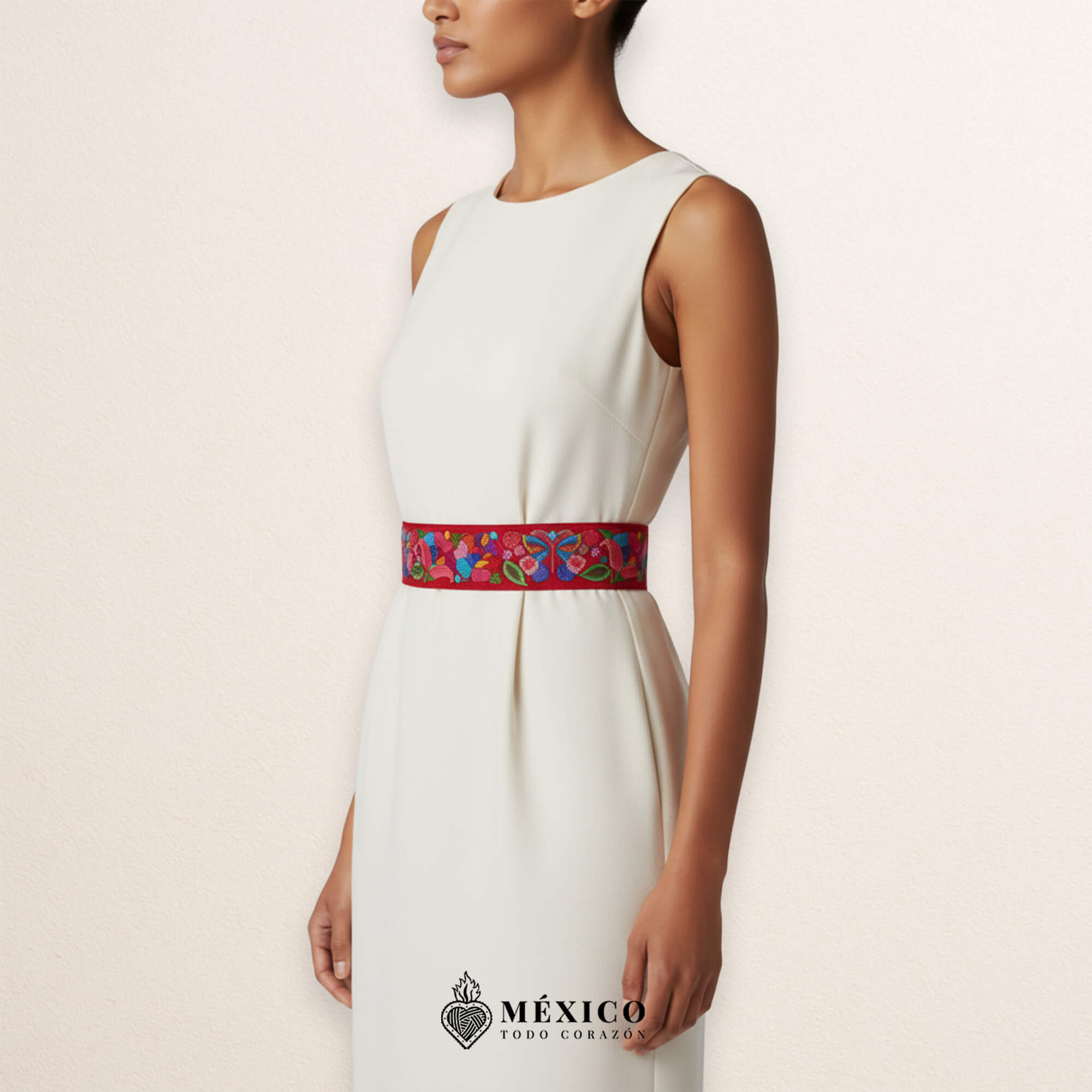 Red embroidered Mexican waist belt featuring a floral and butterfly design