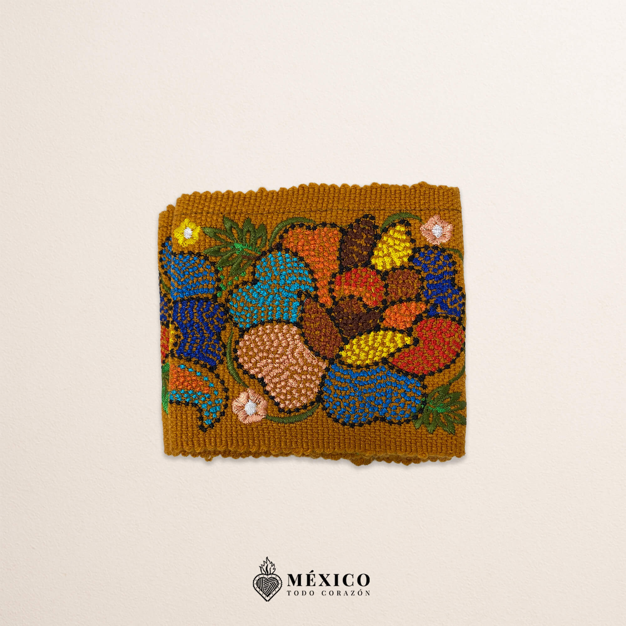 Mustard Yellow embroidered Mexican waist belt featuring a floral and butterfly design