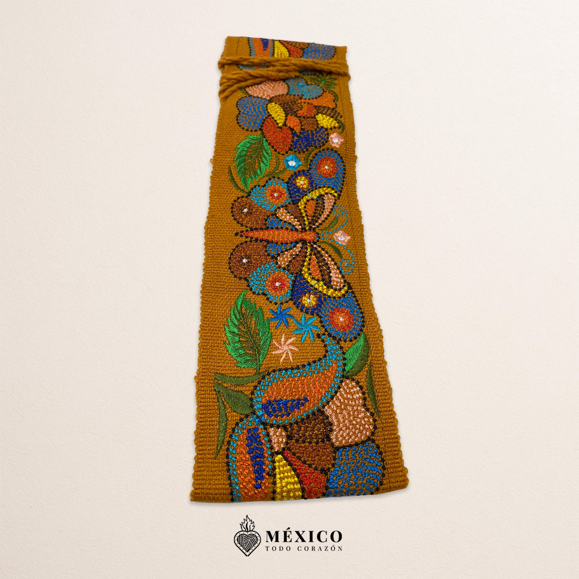Mustard Yellow embroidered Mexican waist belt featuring a floral and butterfly design
