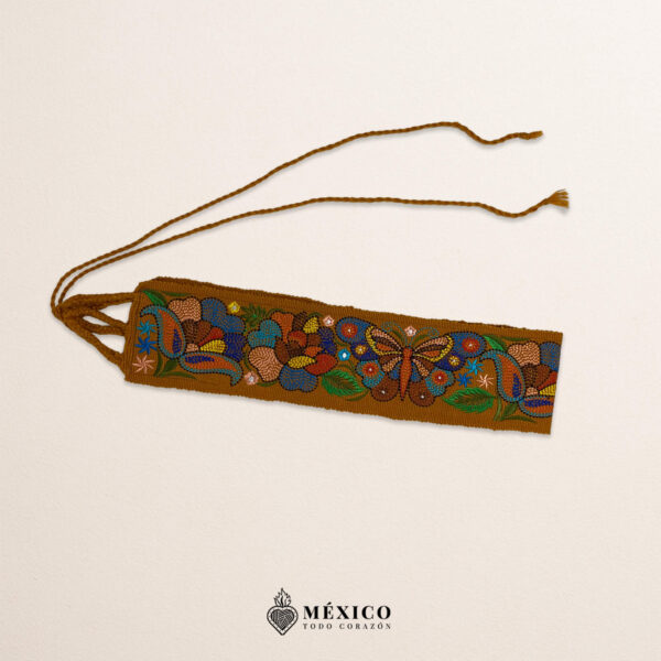 Mustard Yellow embroidered Mexican waist belt featuring a floral and butterfly design