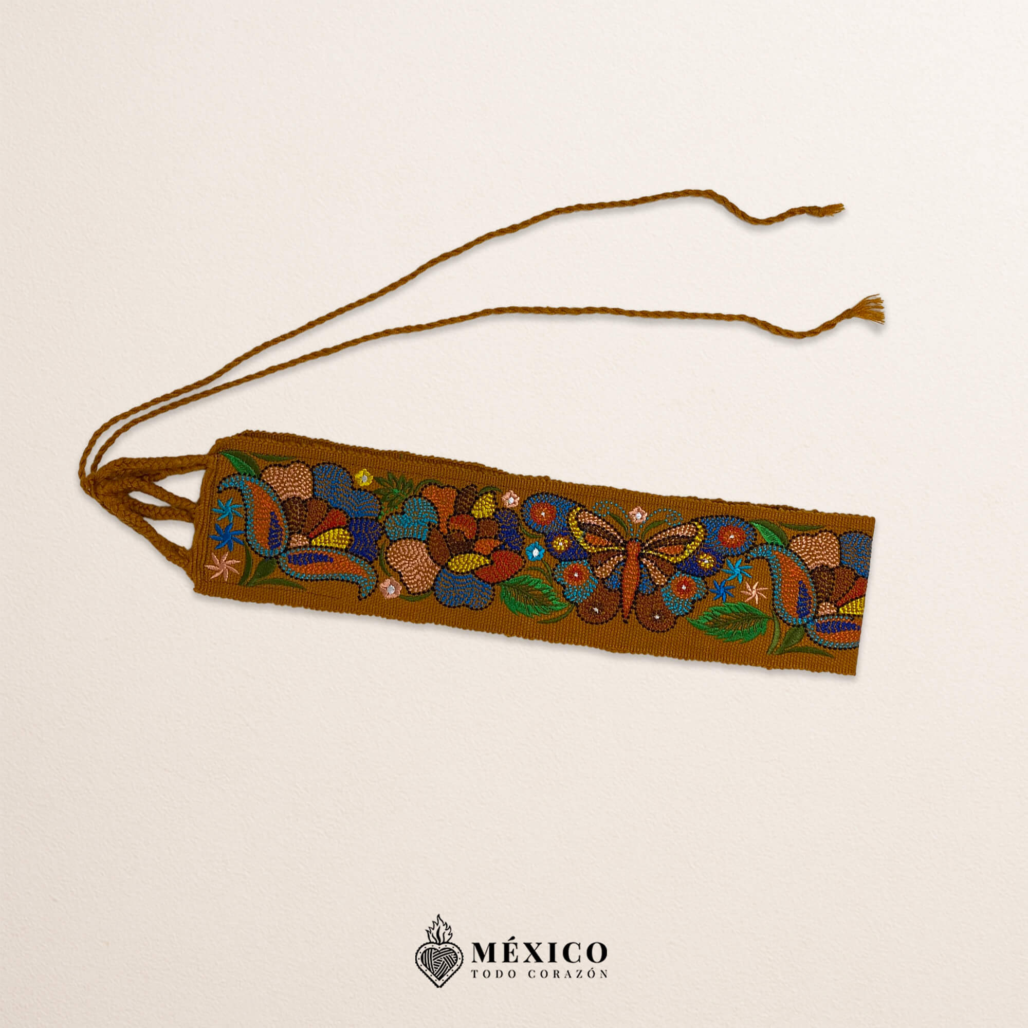 Mustard Yellow embroidered Mexican waist belt featuring a floral and butterfly design