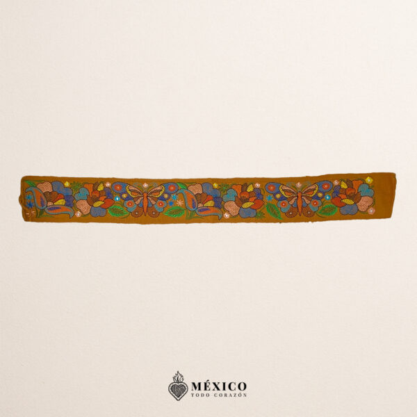 Mustard Yellow embroidered Mexican waist belt featuring a floral and butterfly design