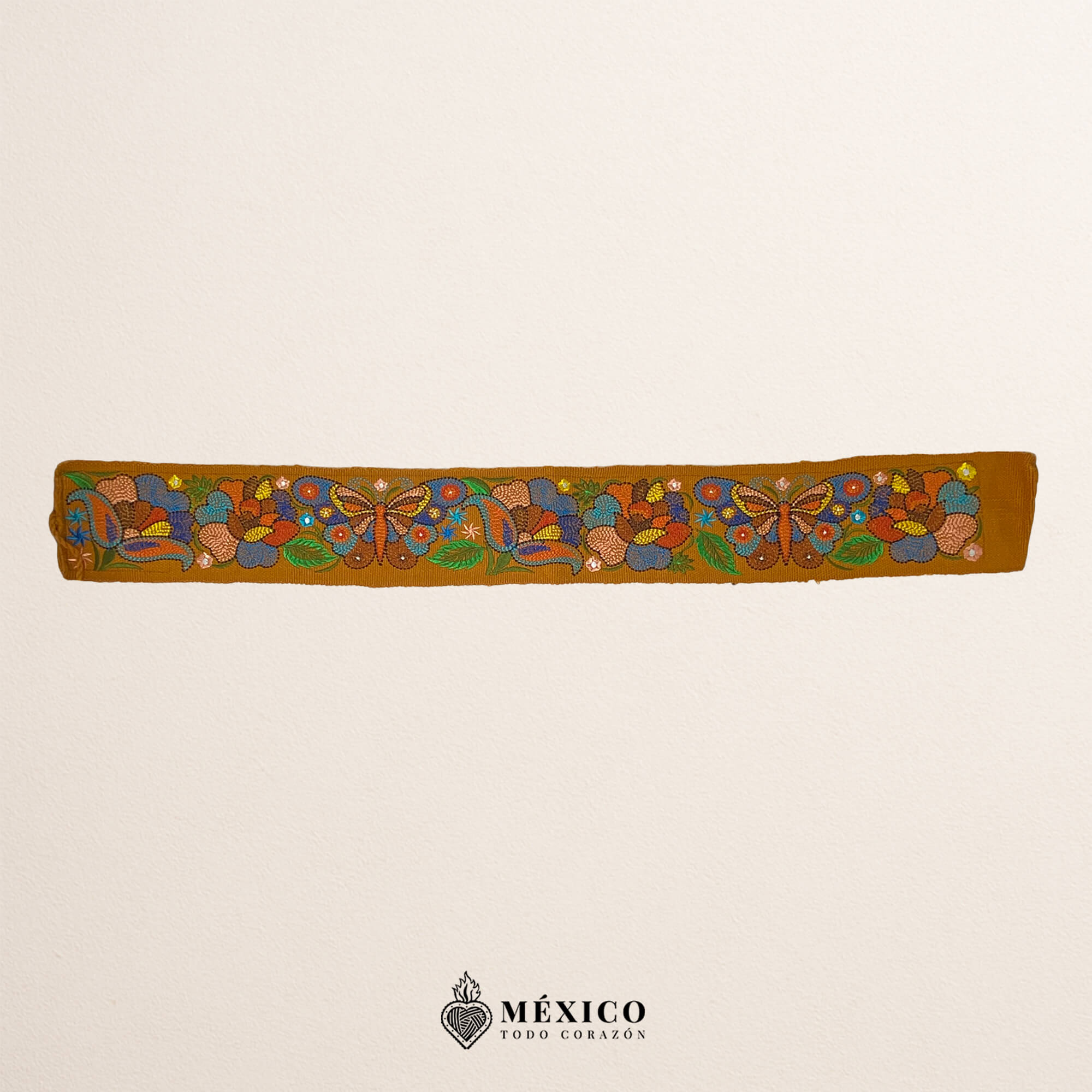 Mustard Yellow embroidered Mexican waist belt featuring a floral and butterfly design