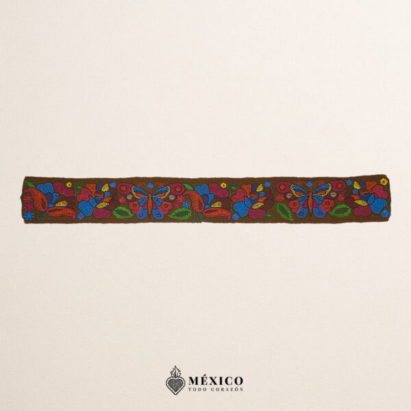 Brown embroidered Mexican waist belt featuring a floral and butterfly design