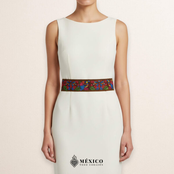 Brown embroidered Mexican waist belt featuring a floral and butterfly design