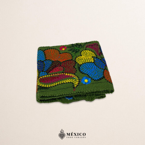 Green embroidered Mexican waist belt featuring a floral and butterfly design