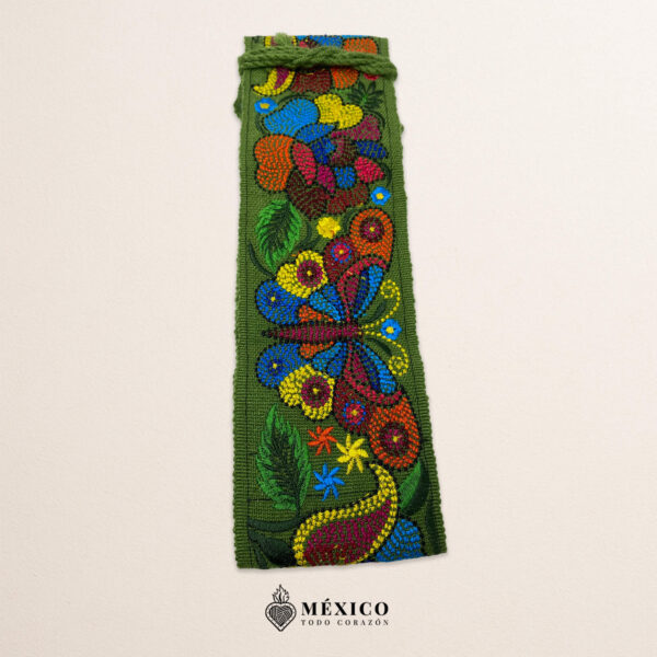 Green embroidered Mexican waist belt featuring a floral and butterfly design