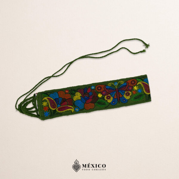 Green embroidered Mexican waist belt featuring a floral and butterfly design