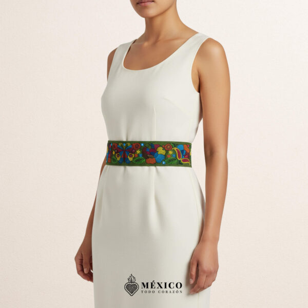 Green embroidered Mexican waist belt featuring a floral and butterfly design
