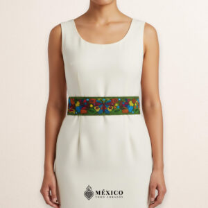 Green embroidered Mexican waist belt featuring a floral and butterfly design