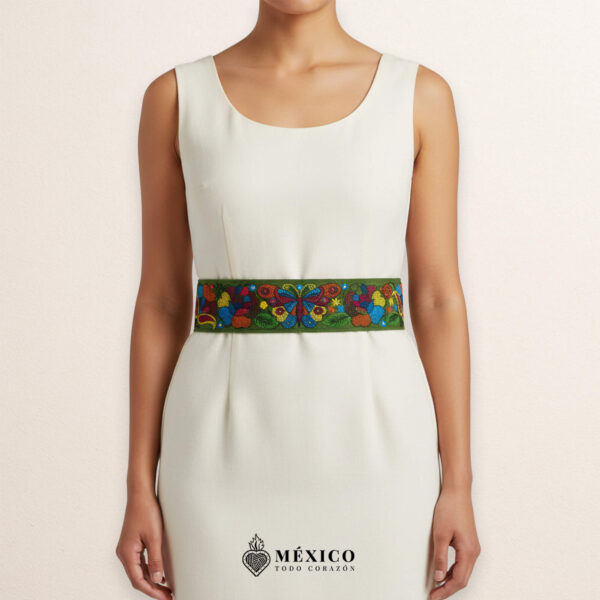 Green embroidered Mexican waist belt featuring a floral and butterfly design