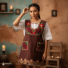Red-brown Mexican embroidered apron with standard kitchen fit and detailed floral embroidery