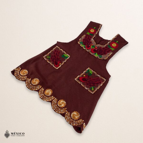 Red-brown Mexican embroidered apron with standard kitchen fit and detailed floral embroidery