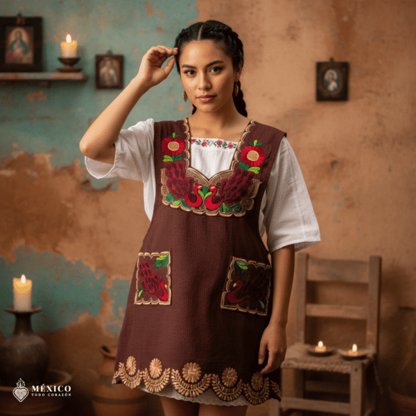 Red-brown Mexican embroidered apron with standard kitchen fit and detailed floral embroidery