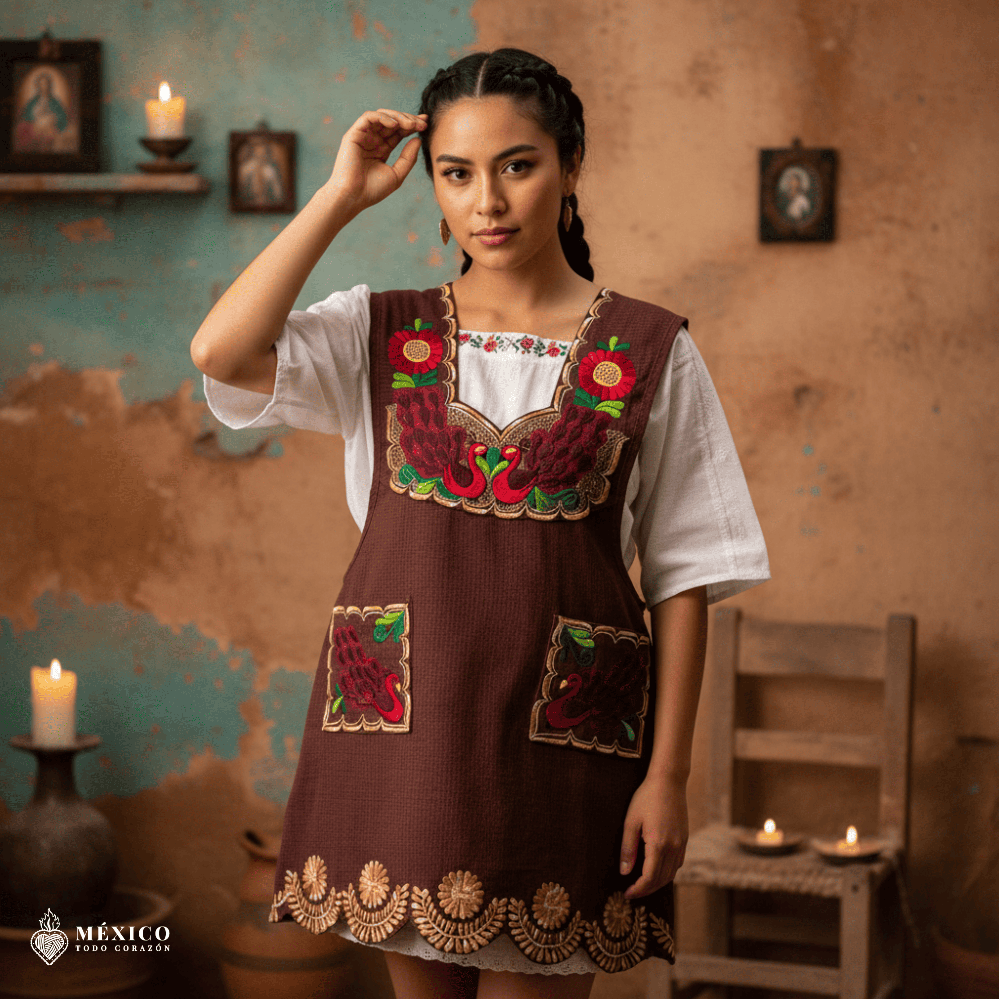 Red-brown Mexican embroidered apron with standard kitchen fit and detailed floral embroidery