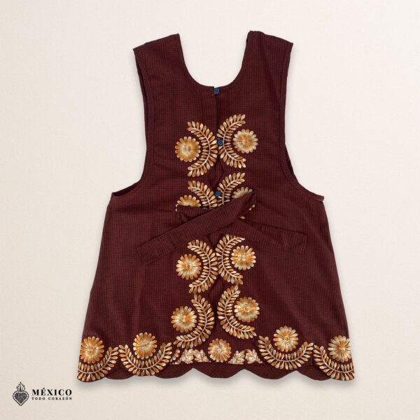 Red-brown Mexican embroidered apron with standard kitchen fit and detailed floral embroidery