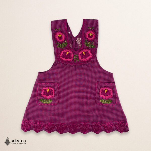 Fucsia Mexican embroidered apron with standard kitchen design and vibrant floral embroidery