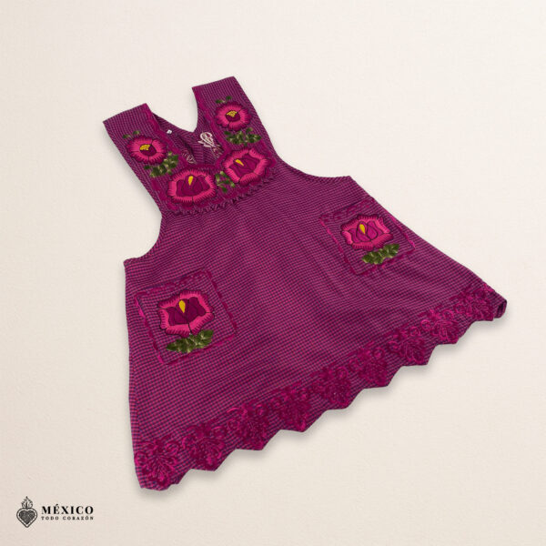 Fucsia Mexican embroidered apron with standard kitchen design and vibrant floral embroidery