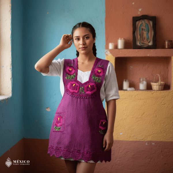 Fucsia Mexican embroidered apron with standard kitchen design and vibrant floral embroidery