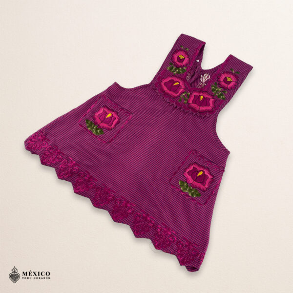 Fucsia Mexican embroidered apron with standard kitchen design and vibrant floral embroidery