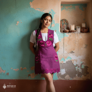 Fucsia Mexican embroidered apron with standard kitchen design and vibrant floral embroidery