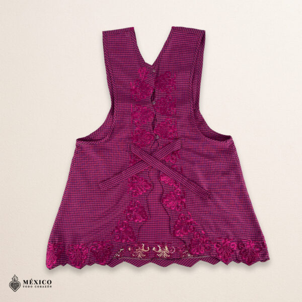 Fucsia Mexican embroidered apron with standard kitchen design and vibrant floral embroidery