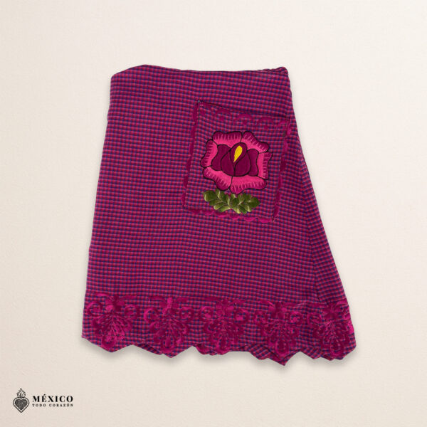 Fucsia Mexican embroidered apron with standard kitchen design and vibrant floral embroidery