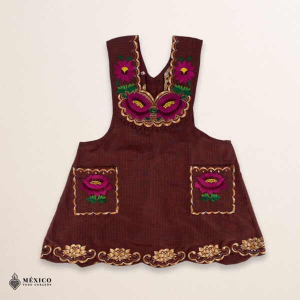 Brown Mexican embroidered apron with standard kitchen style and beautiful floral embroidery
