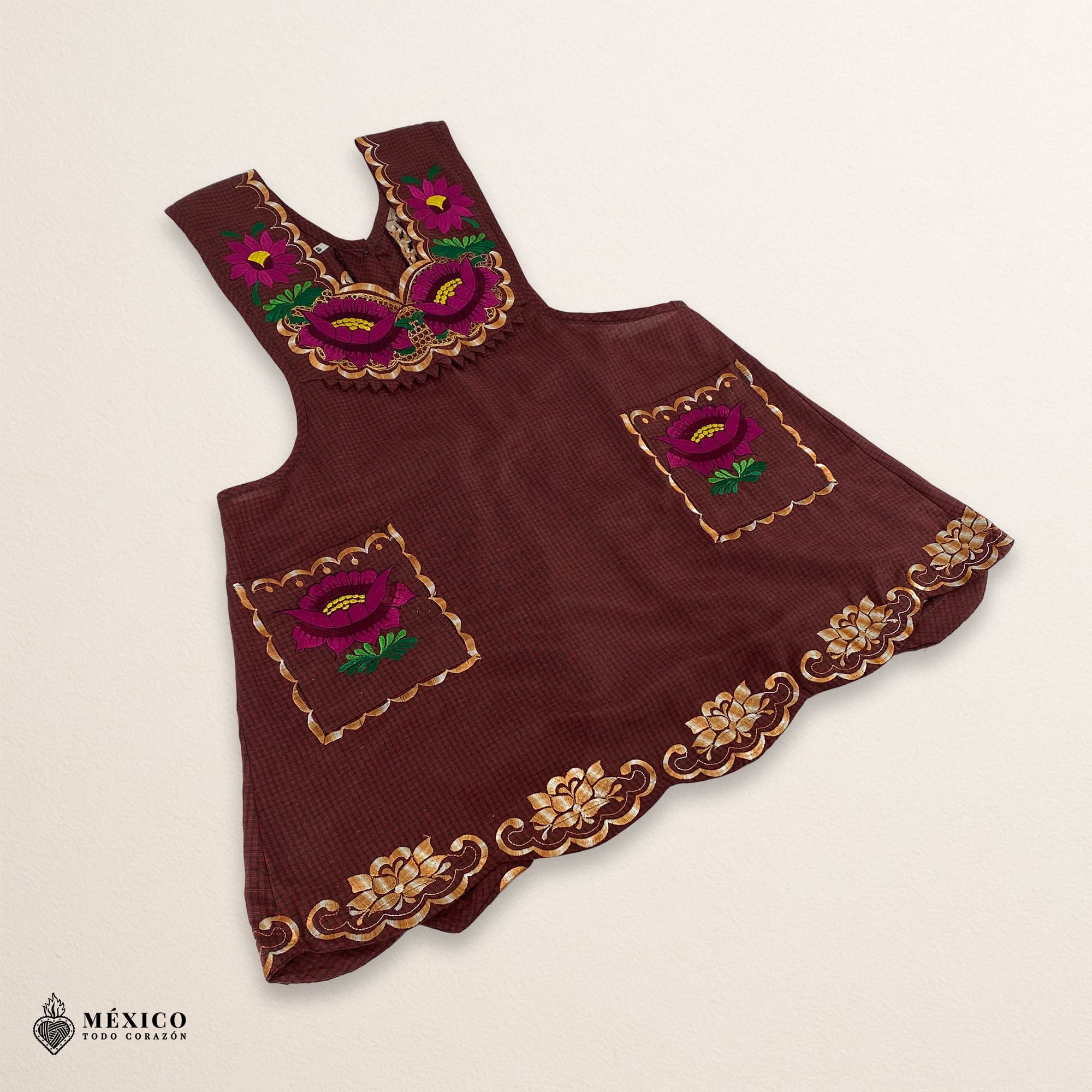 Brown Mexican embroidered apron with standard kitchen style and beautiful floral embroidery