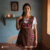 Brown Mexican embroidered apron with standard kitchen style and beautiful floral embroidery