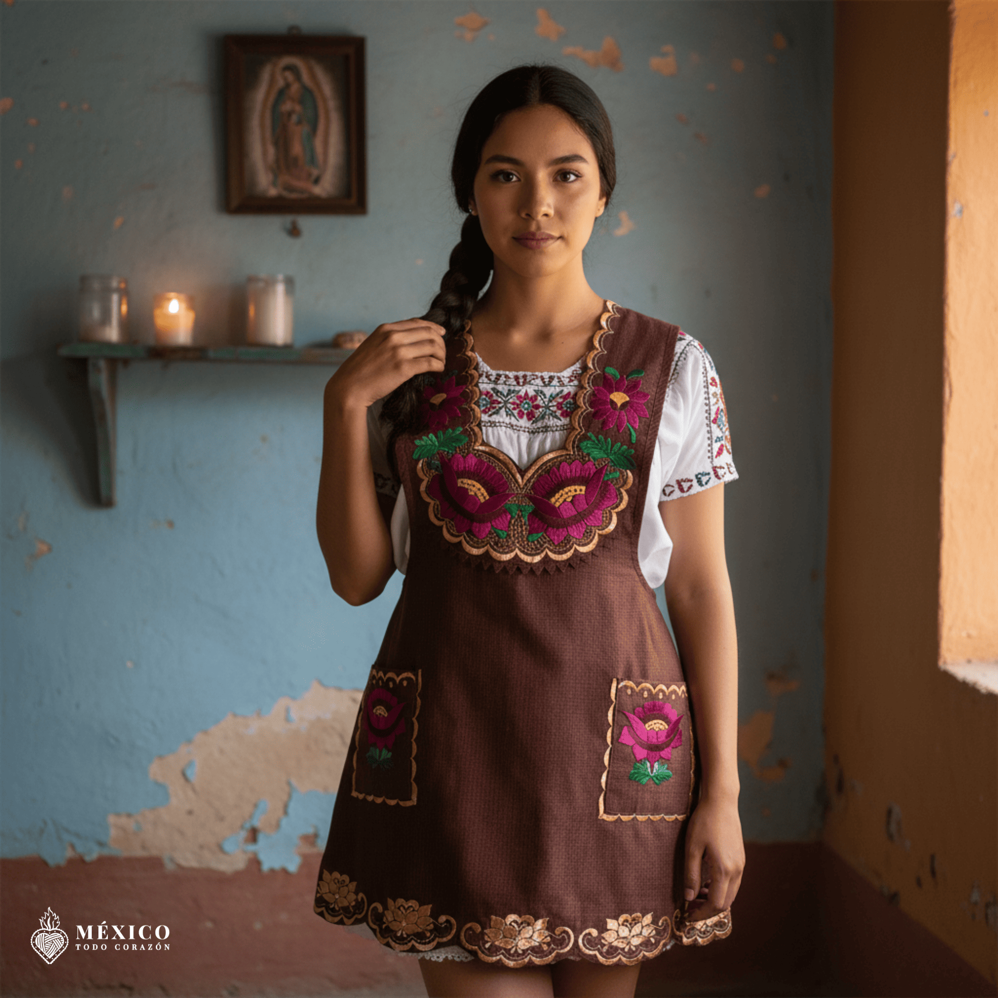 Brown Mexican embroidered apron with standard kitchen style and beautiful floral embroidery