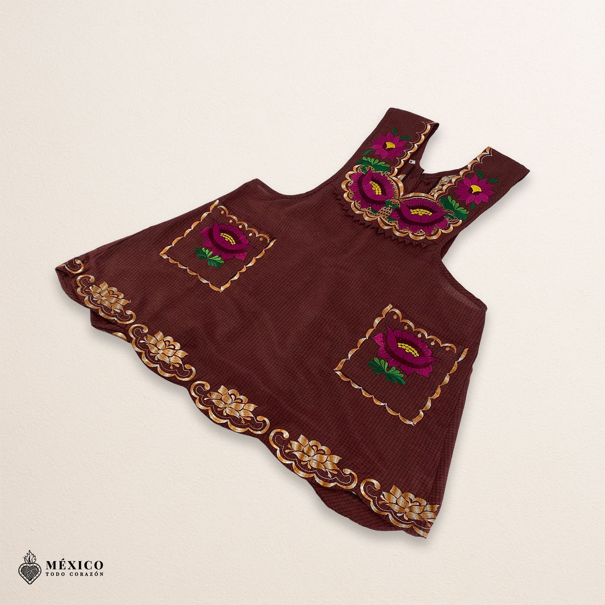 Brown Mexican embroidered apron with standard kitchen style and beautiful floral embroidery