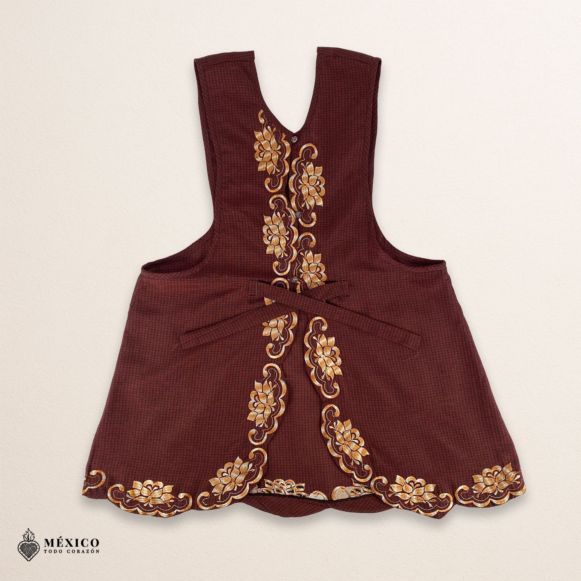 Brown Mexican embroidered apron with standard kitchen style and beautiful floral embroidery
