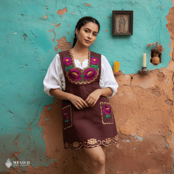 Brown Mexican embroidered apron with standard kitchen style and beautiful floral embroidery