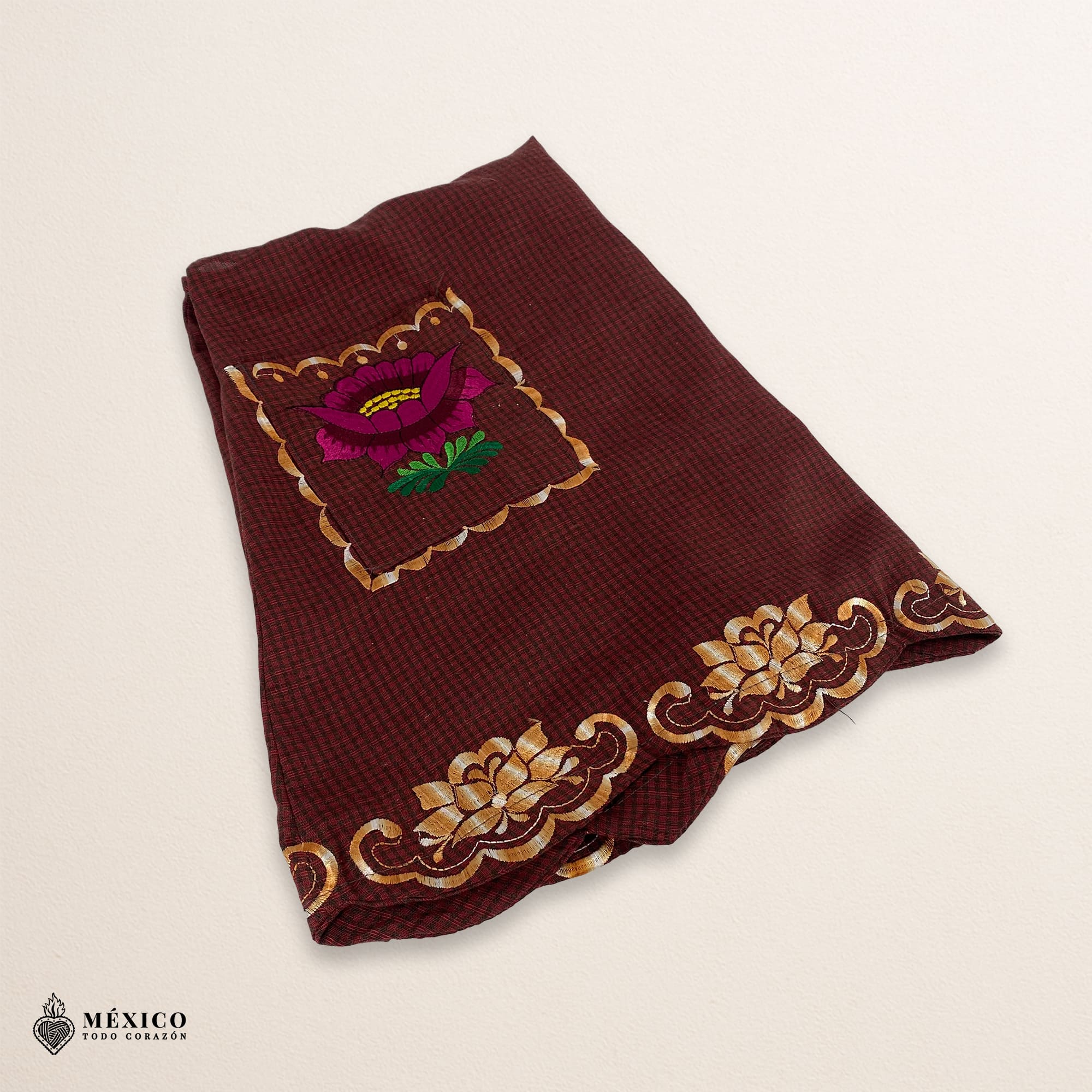 Brown Mexican embroidered apron with standard kitchen style and beautiful floral embroidery