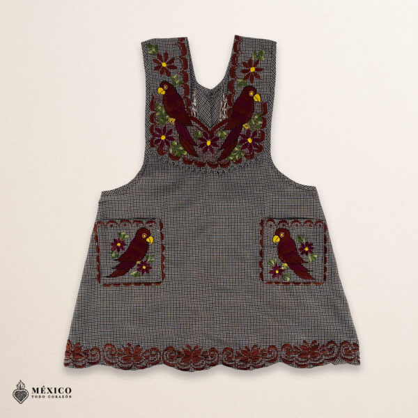Gray Mexican embroidered apron with standard kitchen style and detailed floral embroidery