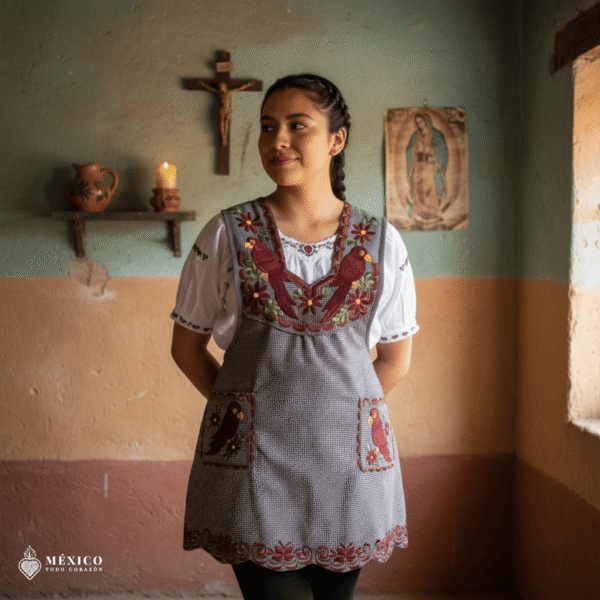 Gray Mexican embroidered apron with standard kitchen style and detailed floral embroidery