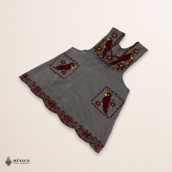 Gray Mexican embroidered apron with standard kitchen style and detailed floral embroidery