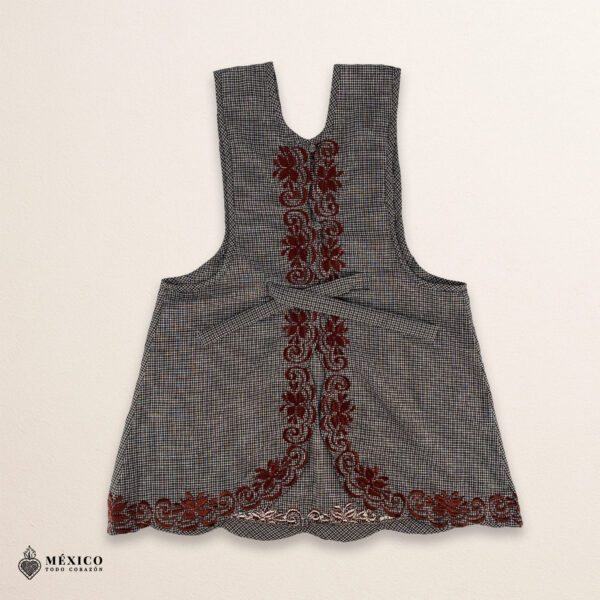 Gray Mexican embroidered apron with standard kitchen style and detailed floral embroidery