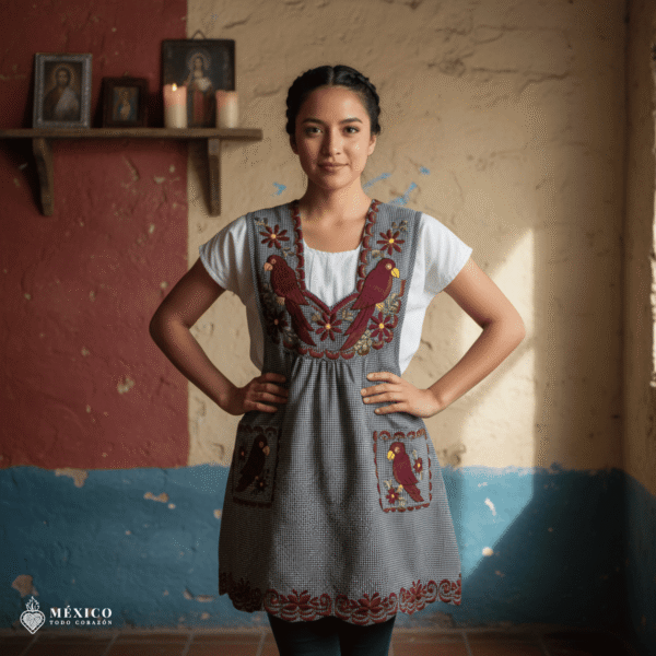 Gray Mexican embroidered apron with standard kitchen style and detailed floral embroidery