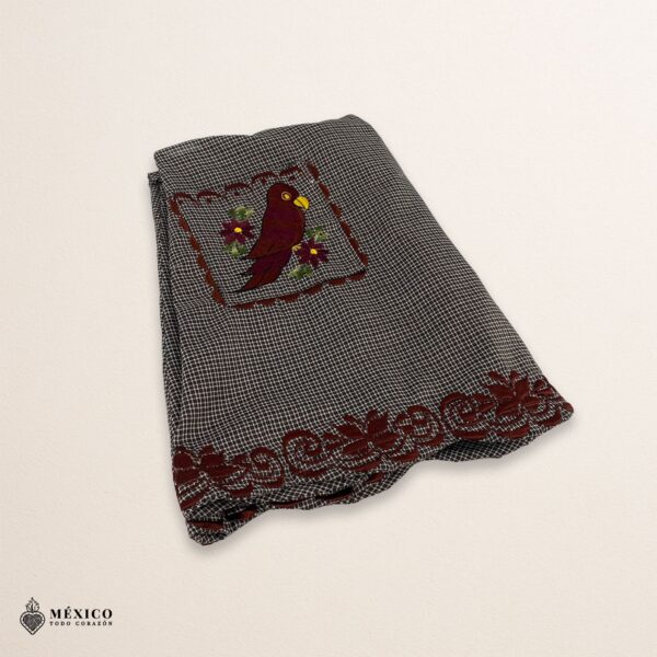 Gray Mexican embroidered apron with standard kitchen style and detailed floral embroidery