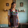 Brown Mexican embroidered apron with standard kitchen design and beautiful floral embroidery